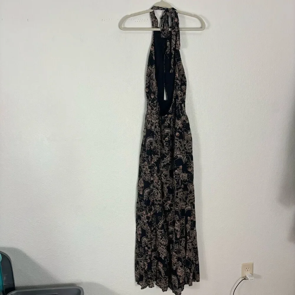 Free People Kissing Sunlight Halter Pants Jumpsuit Black w/ Brown Floral Medium